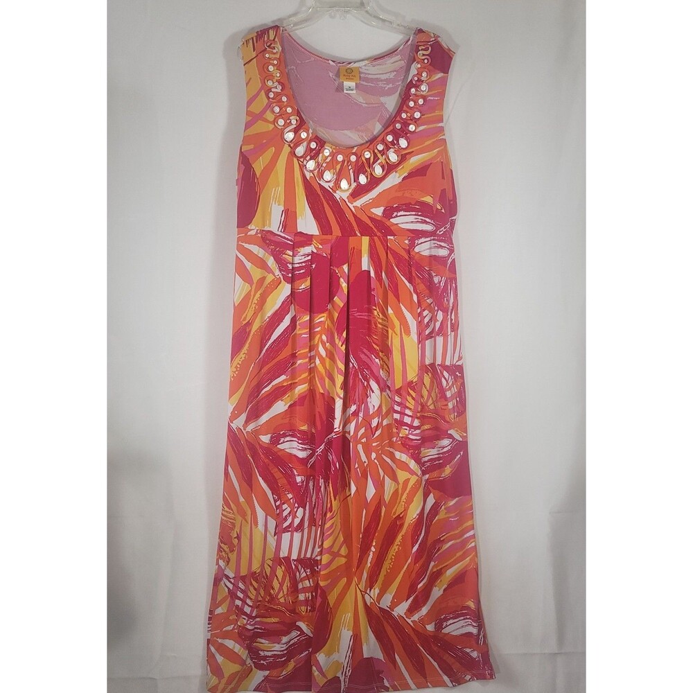 Ruby Rd Woman Sleeveless Tropical Bright Print Maxi Dress Beaded V-Neck Plus 1X